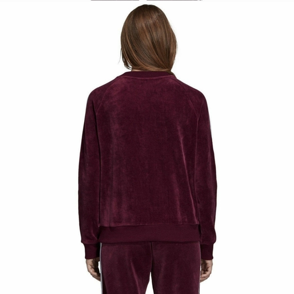 Adidas Velour Crew Neck Maroon Trefoil Sweatshirt Size M - Picture 6 of 12